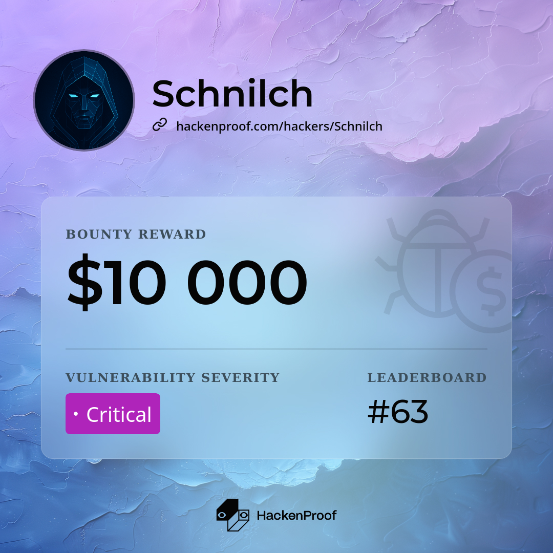 HackenProof reward card for Schnilch: 10,000 dollar bounty, Critical severity, Sui bug bounty